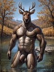 2023 abs anthro antlers autumn ball_tuft balls biceps black_nose body_hair brown_body brown_eyes brown_fur chest_tuft foreskin fur genitals glistening half-erect happy_trail horn humanoid_genitalia humanoid_penis light male mountain_range mountains muscular muscular_anthro muscular_male muscular_thighs navel neck_tuft nude outside partially_submerged pecs penis plant pond pubes reflection sky solo stable_diffusion sunlight tree tuft vein veiny_biceps veiny_muscles veiny_penis water water_reflection monkeyelf_(director) cervid mammal hi_res