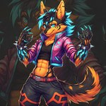 abs anthro bottomwear bracelet claws clothing crop_top femboy jacket jewelry long_claws male pants piercing punk shirt solo spiked_bracelet spikes topwear director_veprem agni canid canine canis jackal mammal hi_res