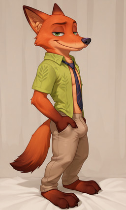 3_toes aloha_shirt barefoot biped bottomwear brown_body brown_fur bulge claws clothed clothing countershading dipstick_ears dipstick_tail disney dress_shirt ear_markings facial_markings feet fur green_eyes hand_in_pocket head_markings inner_ear_fluff looking_at_viewer male markings multicolored_ears narrowed_eyes necktie open_clothing open_shirt open_topwear orange_body orange_fur pants pattern_clothing pattern_shirt pattern_topwear pockets seductive shirt smile solo standing tail tail_markings toe_claws toes topwear tuft warizard zootopia nick_wilde canid canine fox mammal red_fox hi_res
