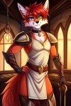 anthro armor armored_boots athletic belt canid canine clothing collar draconisai fox gauntlets gloves hair handwear heterochromia looking_at_viewer male mammal red_hair short_hair solo tabard