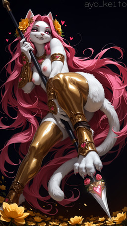 <3 <3_eyes accessory anthro breasts claws female flower flower_in_hair fluffy fluffy_tail fur hair hair_accessory holding_object holding_weapon long_hair melee_weapon nipples paws pink_hair pink_nipples plant polearm sharp_teeth solo spear teeth weapon white_body white_fur ayo_keito domestic_cat felid feline felis mammal absurd_res director_name hi_res