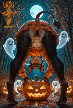 anthro autumn_forest autumn_leaves autumn_trees belly bent_over black_tail_tip bottomwear brown_body brown_fur candle candlelight clothing female full_moon fur head_down_ass_up jack-o'-lantern light long_sleeves miniskirt moon night orange_blouse orange_bottomwear orange_clothing orange_eyes orange_skirt orange_topwear pink_nose skirt sky smile solo star topwear white_belly bahufaru halloween_2025 ghost mammal spirit suina hi_res