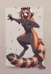 anthro brown_hair dancing digitigrade falling_leaves female hair looking_at_viewer nude simple_background smile solo stripes tasteful_nudity director_crashbandit ailurid mammal procyonid raccoon red_panda hi_res novelai