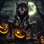 anthro argon-42 black_hair canid canine convenient_censorship crouching evil_grin fog food fruit fur glowing glowing_eyes grey_body grey_fur hair halloween hi_res improvised_sex_toy looking_at_viewer male mammal mane moon obscured_penetration plant pumpkin red_eyes smile solo suggestive tree were werecanid werecanine werewolf