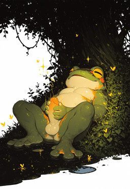 3_toes anthro balls biped blush bodily_fluids cum erection eyes_closed feet fingers genital_fluids genitals grass green_body group humanoid_genitalia humanoid_penis lily_pad lying male masturbation nude on_back outside overweight overweight_anthro overweight_male partially_submerged penile penile_masturbation penis plant simple_background slightly_chubby smile solo spread_legs spreading toes tree water white_background yellow_penis unknown_director ambient_arthropod ambient_insect amphibian arthropod butterfly frog insect lepidopteran hi_res