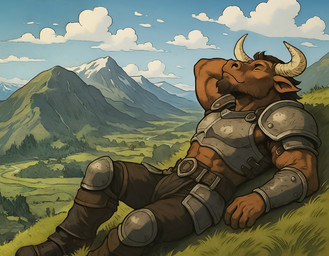2_horns 5_fingers abs anthro armor atmospheric_perspective beard belt biceps biped boots bottomwear bovid_horn bovine_horn bracers breastplate brown_beard brown_body brown_boots brown_bottomwear brown_clothing brown_ears brown_facial_hair brown_footwear brown_fur brown_hair brown_pants bull_horn closed_smile clothed clothed_anthro clothed_male clothing cloud curved_horn day detailed_background ears_aside eyebrows eyes_closed facial_hair fingers footwear forearm_muscles fur grass hair hand_behind_head head_horn hill horn humanoid_hands knee_pads light lying male manly metal_armor monotone_body monotone_fur mountain mouth_closed muscular muscular_anthro muscular_arms muscular_male mythology nature nature_background obliques on_back on_grass on_ground outside pants pauldron peaceful pecs plant plate_armor pose relaxing ridged_horn serratus shoulder_armor side_view sky smile solo thick_neck tree triceps valley vambraces white_horn zenithwolf bovid bovine cattle mammal minotaur mythological_creature 9:7 cel_shading detailed digital_drawing_(artwork) digital_media_(artwork) full-length_portrait hi_res lighting portrait shaded story story_in_description