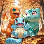 autumn blue_body blue_eyes blue_skin feral flower forest green_body group male orange_body outside plant raised_tail red_eyes shield smile standing tree trio mozhan pokemon bulbasaur charmander generation_1_pokemon pokemon_(species) scalie squirtle hi_res