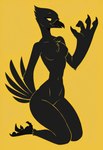 anthro beak bird_feet black_body breasts chest_tuft feathers female on_knees sign simple_background small_breasts solo tail_feathers tuft yellow_background rune_parrot avian bird flat_colors hi_res