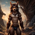 anthro argon-42 armor belt bottomwear bracers braided_hair brown_hair canid clothed clothing fur hair hi_res male mammal mostly_nude muscular muscular_male outside partially_clothed solo tan_body tan_fur topless