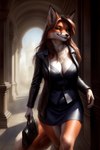 absurd_res anthro belt bottomwear breasts brown_hair canid canine canineluvr19 chest_tuft cleavage clothed clothing female fox hair hi_res holding_object jacket long_hair mammal seductive skirt solo topwear tuft walking whiskers