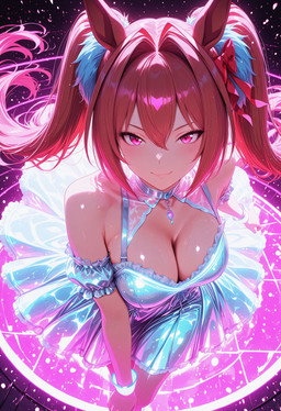 breasts brown_hair cleavage clothed clothing dress eyelashes female hair long_hair looking_at_viewer neon_lights pink_eyes smile smiling_at_viewer solo twintails_(hairstyle) very_long_hair firedextro uma_musume_pretty_derby daiwa_scarlet_(pretty_derby) animal_humanoid equid equid_humanoid equine equine_humanoid horse_humanoid humanoid mammal mammal_humanoid invalid_tag absurd_res hi_res