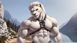 abs absurd_res anthro areola biceps bumblebee95 detailed detailed_background detailed_fur felid fur harness hi_res lion looking_at_viewer male mammal muscular nipples pantherine pecs realistic solo wallpaper white_body white_fur