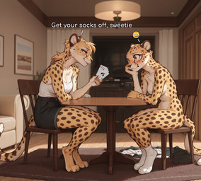 anthro blush card_game chair clothed clothed_female clothing clothing_on_floor duo embarrassed emoji female female/female footwear furniture gaming inside living_room nude nude_female sad sitting smile smirk socks strip_poker table text white_clothing white_footwear white_socks darkeclipse cheetah felid feline mammal hi_res watermark