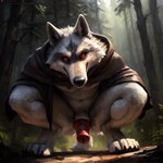 absurd_res animal_genitalia animal_penis anthro bottomless bottomless_male canid canine canine_genitalia canine_penis canis clothed clothing crouching death_(puss_in_boots) dfw forest genitals hi_res male mammal penis plant solo tree wolf