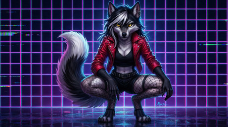 anthro female mrokiedokie retro squat synthwave muse canid canine mammal invalid_background hi_res