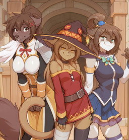 accessory anthro arm_warmers armor armwear bandaged_leg bandages bare_shoulders belt big_breasts blue_eyes blush boob_armor bottomwear breastplate breasts brown_body brown_eyes brown_fur brown_hair clothed clothing collar cosplay dress female fingerless_gloves fur gloves grey_body grey_fur group hair hair_accessory half-closed_eyes handwear hat headgear headwear inside leaning leaning_forward legwear looking_at_viewer narrowed_eyes nervous orange_eyes ponytail pose prompt short_dress shoulder_armor skirt small_breasts smile smirk smug standing stone_wall tan_body tan_fur tan_hair thigh_highs trio wall_(structure) white_body white_fur witch_hat anontk twokinds kathrin_vaughan madelyn_adelaide natani canid canine canis felid feline mammal pantherine snow_leopard wolf 2025 hi_res