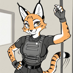 5_fingers anthro belt big_breasts black_body black_fur black_nose bottomwear breasts bulletproof_vest cheek_tuft claws clothed clothing eyeshadow facial_tuft fangs female fingerless_gloves fingers fur gloves hand_on_hip handwear inner_ear_fluff long_tail looking_away makeup markings orange_body orange_fur pants pawpads raised_hand shirt simple_background solo spots spotted_body spotted_fur standing striped_markings striped_tail stripes tail_markings teeth topwear tuft white_body white_fur yellow_eyes iacabria felid feline mammal serval