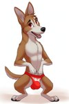 angry_puppy angry_puppy_(angry_puppy) bulge canid canine canis clothing domestic_dog feral looking_at_viewer male mammal open_mouth panties red_eyes smile smiling_at_viewer solo spread_legs spreading standing underwear