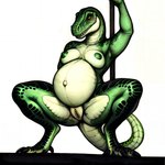 anthro breasts exposed_breasts female genitals green_body green_nipples green_scales markings nipples non-mammal_breasts non-mammal_nipples pole pregnant pregnant_female pussy scales simple_background solo stripper stripper_pole tail_markings thick_thighs wide_hips yellow_eyes vilkas00 dinosaur reptile scalie theropod tyrannosaurid tyrannosaurus 1:1 absurd_res colored hi_res