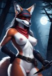 anthro bandanna belt breasts canid canine clothing female forest fox genitals gloves grin handwear kerchief knife lurktime_(director) mammal mask moon night plant pussy smile solo tree