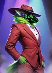 anthro bottomwear button_(fastener) clothed clothing dress_shirt fedora fluffy fluffy_fur fluffy_tail green_body green_eyes green_tail hand_in_pocket hat headgear headwear low-angle_view machine male neck_tuft pants pockets protogen protogen_visor pseudochmod shirt shirt_collar solo suit three-quarter_view topwear tuft