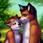 anthro black_nose blue_eyes blush canid canine duo eyes_closed fur hair kissing male male/male mammal open_mouth orange_body orange_fur outside plant romantic romantic_ambiance romantic_couple smile tesseract_(director) tree white_body white_fur