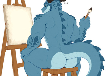 anthro blue_body blue_scales brush butt easel ellipsis horn male mythology nude paintbrush rear_view scales sitting solo tail promagentis dragon mythological_creature mythological_scalie scalie