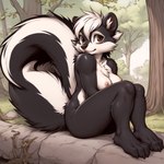 anthro areola black_body black_fur breasts brown_eyes female forest fur hair mammal medium_breasts mephitid multicolored_body multicolored_fur navel neutron_alchemist nipples nude plant seductive sitting skunk smile solo tree two_tone_body two_tone_fur two_tone_tail white_body white_fur white_hair