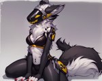 absurd_res anthro bra chest_tuft clothing female grey_body harunamiya hi_res machine partially_translated protogen seductive simple_background solo text translation_request tuft underwear