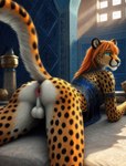 anthro anus arabic asian backsack balls butt cheetah detailed_background felid feline fur genitals hair harem_outfit hi_res long_hair male mammal presenting presenting_hindquarters solo spots spotted_body spotted_fur spread_legs spreading