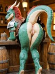 alcohol anthro anus armor bar barrel beer bent_over beverage bottle bottomwear butt butt_focus claws clothed clothing detailed_background feet female genitals green_body hair horn inside inviting leather leather_armor looking_at_viewer looking_back medieval no_underwear presenting presenting_anus presenting_hindquarters presenting_pussy pussy raised_tail rear_view red_hair scales skirt smile solo tail_under_skirt tail_upskirt tavern teeth the_elder_scrolls toe_claws toes upskirt lewdtf argonian reptile scalie absurd_res digital_media_(artwork) hi_res