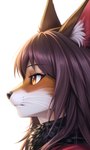 anthro black_nose brown_eyes canid canine clothing female fox fur hair hi_res icon inner_ear_fluff mammal multicolored_body multicolored_fur purple_hair simple_background solo stable_diffusion tuft