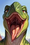 anthro bodily_fluids close-up dripping female looking_at_viewer mouth_shot open_mouth orange_eyes saliva saliva_drip solo teeth tongue tongue_out vore prompt_pal dinosaur reptile scalie theropod tyrannosaurid tyrannosaurus tyrannosaurus_rex hi_res