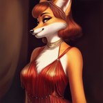 1920s anthro black_nose canid canine clothing dress female flapper_dress fox fur grey_eyes hair jewelry looking_at_viewer mammal necklace orange_body orange_fur portrait red_clothing red_dress red_fox simple_background smile smiling_at_viewer solo stable_diffusion vintage