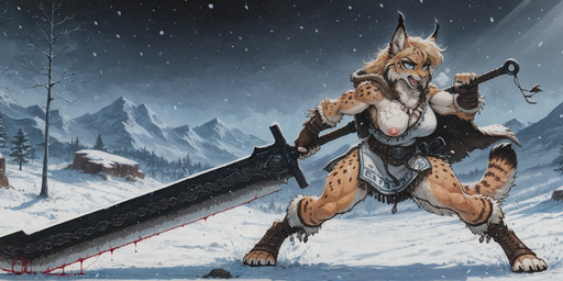 4_toes 5_fingers anthro athletic battle big_breasts blood blue_eyes bodily_fluids breasts cheek_tuft curvy_figure digitigrade ear_tuft exposed_breasts facial_tuft fangs feet female fingers fluffy_body fur melee_weapon multicolored_body multicolored_fur muscular muscular_female neck_tuft nipples overcast sky snow snowing solo spots spotted_body spotted_fur standing sword teeth toes tuft two_tone_body two_tone_fur weapon winter yellow_body yellow_fur slingsting skyrim the_elder_scrolls felid khajiit mammal hi_res