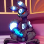 annoyed_expression balls bed eeveelution feral furniture generation_2_pokemon genitals glowing knot male on_bed penis pokemon_(species) sitting sitting_on_bed solo umbreon umbron