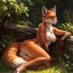 anthro anus breasts canid canine dipstick_ears female fluffy fluffy_tail forest fox genitals green_eyes kaceyk leaf mammal multicolored_ears nails neck_tuft nipples nude pawpads paws plant pussy sitting solo tree tuft wet