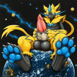 anthro balls big_balls big_penis blue_pawpads genitals macro male moon pawpads penis planet_penetrated sitting solo space thedavid nintendo pokemon generation_7_pokemon legendary_pokemon pokemon_(species) zeraora hi_res