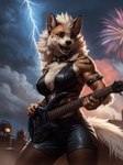 anthro arcanine blue_eyes canid canine clothing countershading female fireworks generation_1_pokemon guitar hi_res lightning mammal musical_instrument nsfjerk orange_body plucked_string_instrument pokemon_(species) solo string_instrument stripes