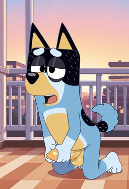 anthro balcony balls big_balls big_penis blue_body blue_fur city erection foreskin foreskin_overhang fur genitals half-closed_eyes humanoid_genitalia humanoid_penis kneeling kneeling_on_ground long_foreskin male masturbation narrowed_eyes nude open_mouth outside penile penile_masturbation penis sky solo sunset teeth tight_foreskin tongue unretracted_foreskin vein veiny_penis boxen549 bluey_(series) bandit_heeler australian_cattle_dog canid canine canis cattledog domestic_dog herding_dog mammal pastoral_dog hi_res