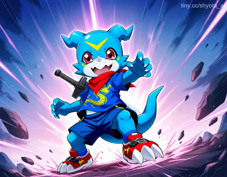 blue_body blue_clothing blue_scales clothing feral footwear kerchief male melee_weapon red_eyes red_kerchief scales shoes socks solo sword weapon digimon digimon_adventure digimon_(species) veemon