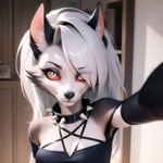 anthro black_ears black_nose breasts canid canid_demon cleavage clothed clothing collar demon digital_media_(artwork) eyebrows female female_anthro fur gloves hair handwear hellhound helluva_boss inner_ear_fluff looking_at_viewer loona_(helluva_boss) mammal narrowed_eyes pikaflufftuft pupils red_sclera selfie slit_pupils solo spiked_collar spikes topwear tuft white_eyes white_hair