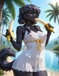 anthro arm_tuft banana black_body black_hair dream eating eyes_closed female food fruit hair landscape nightgown outstretched_arms plant solo tuft twintails_(hairstyle) walking wrist_tuft zlata_soot djar17 canid canine canis domestic_dog mammal hi_res