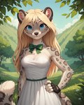 anthro big_eyes black_nose blonde_hair blue_eyes bow_ribbon breasts close-up clothing cute_expression dress female fingerless_gloves flower fur gloves grass grey_body grey_fur hair hand_on_hip handwear hill leaf long_hair looking_at_viewer meadow medium_breasts plant smile solo spots spotted_body spotted_fur tree sagrael felid mammal pantherine snow_leopard absurd_res hi_res