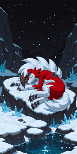ambiguous_gender crystal curled_up ice mountains night rock sleeping snow snowing solo water awrai nintendo pokemon canid canine generation_7_pokemon lycanroc mammal midnight_lycanroc pokemon_(species) 2:1 absurd_res hi_res