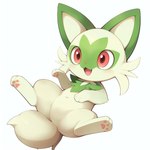 absurd_res ambiguous_gender chibi cute_fangs felid feline feral fluffy fur generation_9_pokemon green_body green_fur hi_res lying mammal mengxi on_back open_mouth pawpads pink_pawpads pokemon_(species) red_eyes simple_background smile solo sprigatito white_background