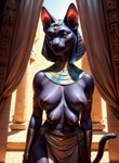 anthro blue_eyes breasts domestic_cat egyptian felid feline felis female hairless hairless_cat hi_res jewelry looking_at_viewer mammal marcus64 multi_breast multi_nipple navel nipples purple_body solo sphynx_(cat) standing