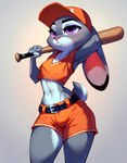 anthro baseball_bat baseball_cap bat_(object) belt bottomwear clothing cutoffs denim denim_clothing ears_down female hand_behind_head hat headgear headwear navel pivoted_ears pose shorts small_waist solo sportswear tanktop zootopia anonymous_director judy_hopps lagomorph leporid mammal rabbit hi_res