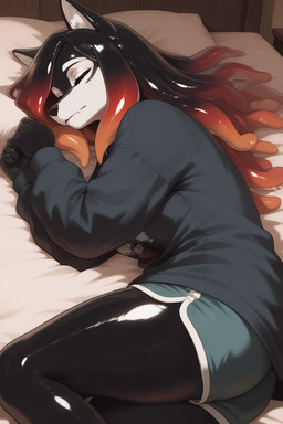 anthro bed black_body bottomwear clothing female furniture glistening glistening_body hair lying lying_on_bed on_bed on_side pseudo_hair shorts sleeping solo solo_focus tentacle_hair tentacles white_face kbi canid canine canis goo_creature humanoid mammal wolf 2025 detailed digital_media_(artwork)