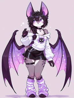 accessory alternative_fashion anthro bat_ears bat_wings bedroom black_clothing bottomwear braided_hair breasts chain chain_necklace chest_tuft clothing collar countershading cross cross_necklace female fishnet footwear hair hoodie jewelry leg_warmers legwear looking_at_viewer markings membrane_(anatomy) membranous_wings messy_hair necklace pawpads pencil_skirt ponytail purple_eyes shirt shoes shoulderless_shirt simple_background skirt small_breasts solo star_(marking) straps tank_top thigh_strap topwear tuft white_clothing wings loren_iipsum magna bat fish mammal marine hi_res